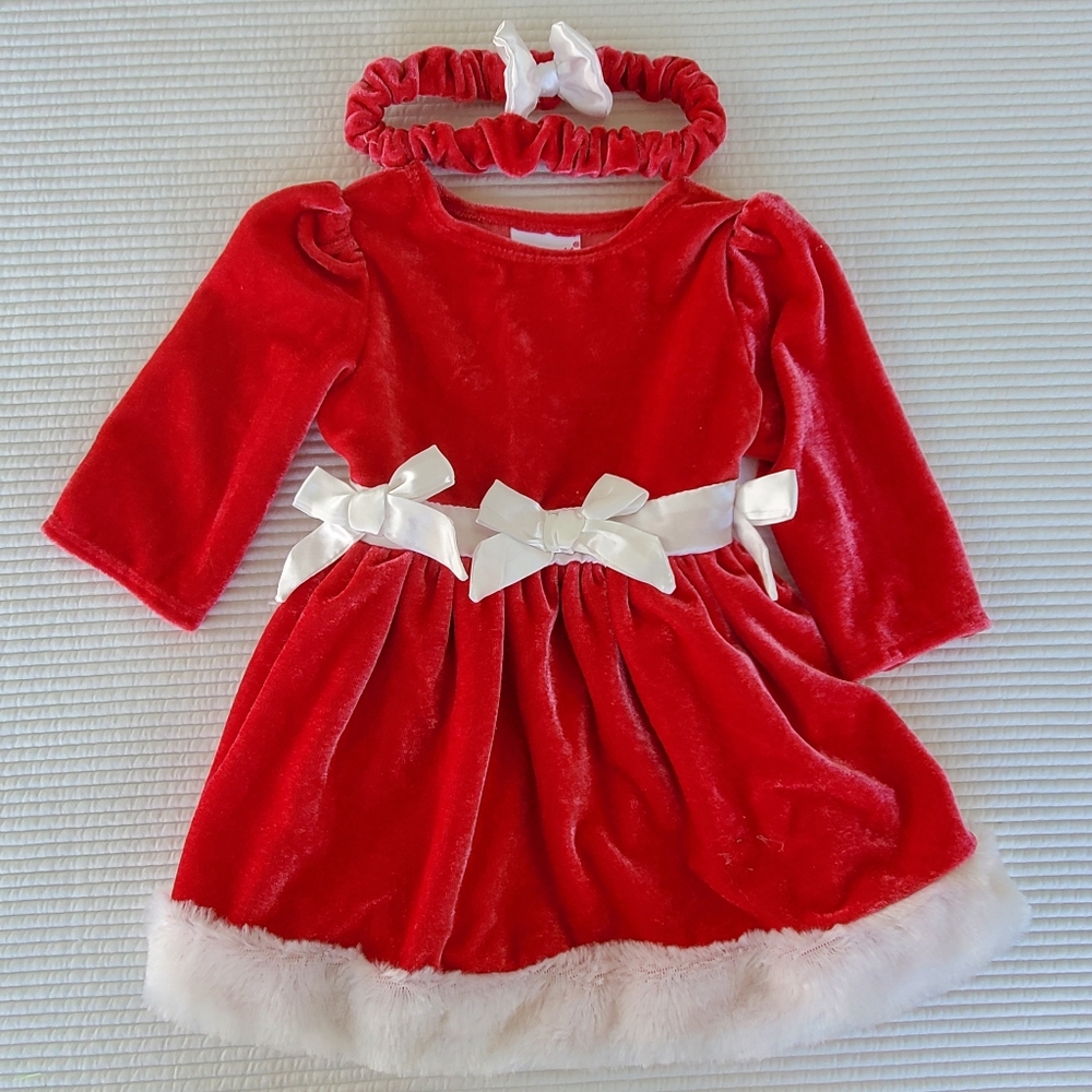 Baby Toddler Dress 6-9M Nannette Velour Vintage Red Bow Party Christmas Headband